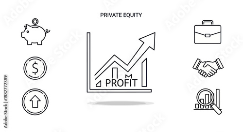 Private Equity Growth: Piggy Bank, Coins, Profit Graph, Briefcase, Handshake, Magnifying Glass