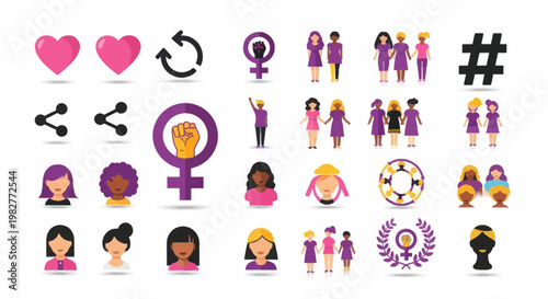 Feminism icons collection: women diversity, hearts, share, refresh, hashtag, female symbols