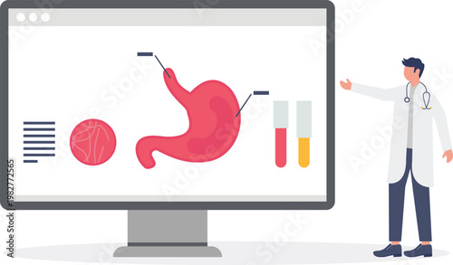 Doctor checking human stomach data on digital monitor