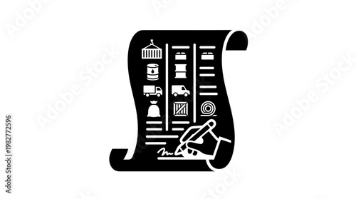 Icon of Grocery List with Shopping Cart and Food Items in Flat Design