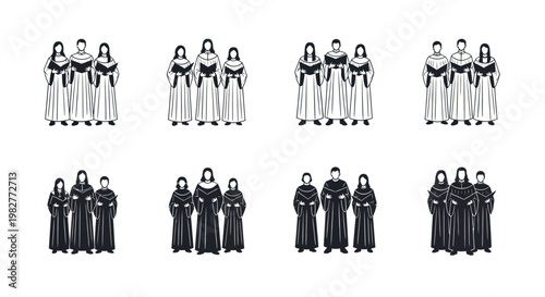 Medieval Choir Groups Silhouette Icons: Men, Women, Monks, Clergy