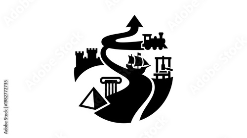 Vector Icon of Scenic Landscape with Mountains, Road, Castle and Nature Elements