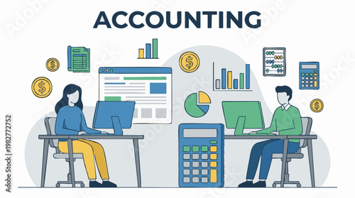 Business accounting professionals managing finances and data illustration