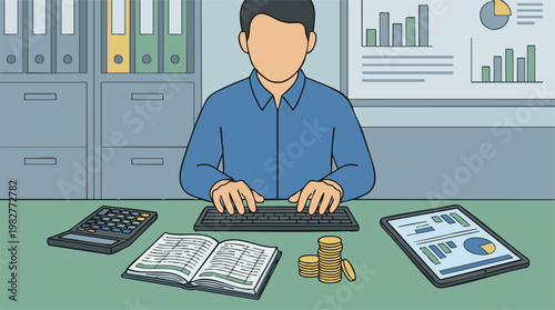 Illustration of an accountant working with financial data and tools at a desk