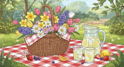 A charming spring picnic set up outdoors with a beautiful basket overflowing with colorful blossoms, refreshing lemonade, and fresh fruit.