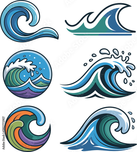 Ocean wave icons set with sea surf splash tide water motion and marine design elements