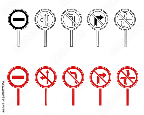 A set of vector graphic road signs indicating no entry and directional restrictions in black and red on a white background
