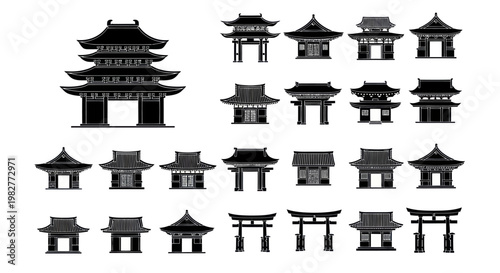Traditional Asian Architecture Collection: Pagodas, Temples, and Gates in Silhouette