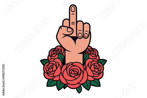 A cartoon hand giving the finger surrounded by a bouquet of red roses with green leaves on a white background