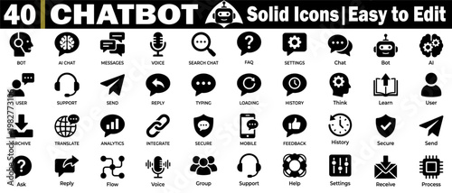 Chatbot icons set. Featuring digital assistant communication technology, artificial intelligence support, and user interface chatbot conversation icons vector illustration.