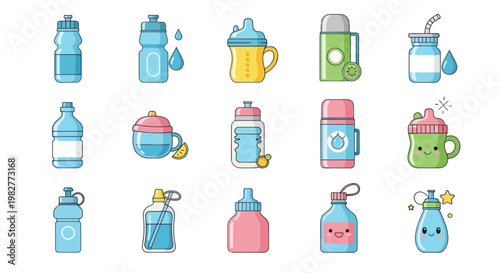 Cute Baby Bottles and Sippy Cups Collection - Kawaii Drinkware Icons