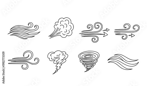 A collection of eight black and white line art illustrations depicting various weather phenomena including wind clouds and storms in a minimalist flat design style.