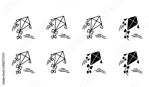 A set of eight minimalist vector kites in various flying positions with motion lines on a white background