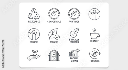 Eco Friendly Icons: Recycle, Compostable, Organic, Fair Trade, Locally Grown, Reusable