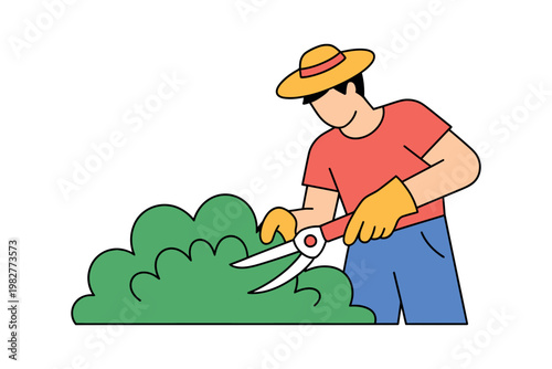 A cartoon man wearing a hat and gloves is pruning a green bush with large scissors.