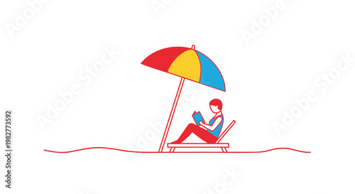Beach, relaxation, summer, vector, illustration, line art, colorful, umbrella, lounge chair