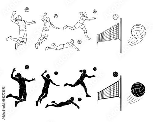 A collection of vector illustrations depicting various volleyball players in action with volleyballs and nets in a flat minimalist style