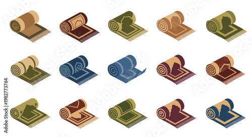 Collection of Rolled Prayer Mats in Various Colors and Patterns, Isometric View