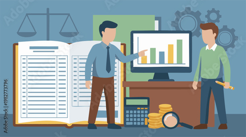 Business professionals analyzing financial data and legal matters