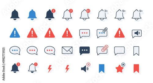 Collection of modern notification icons: bells, alerts, messages, email, bookmark, star, volume