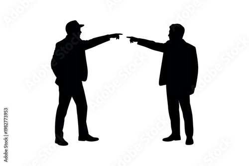 Two men pointing at each other in a confrontational stance with their silhouettes visible against a white background.
