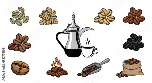 Coffee Bean Variety and Roasting Stages with Arabic Dallah