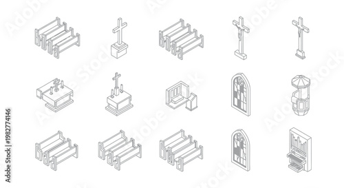 Isometric Cemetery Icons: Graves, Crosses, Church Elements, Funeral Symbols