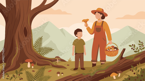 Woman and child gathering mushrooms in forest, nature illustration