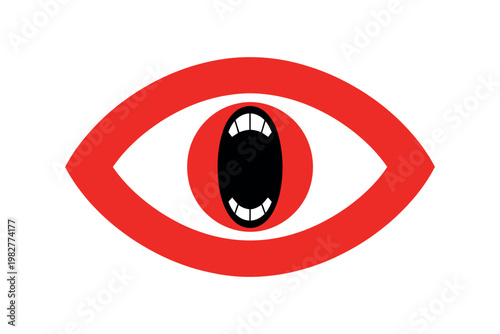 A graphic illustration of an eye with an open mouth in the center.