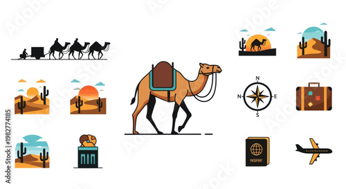Desert Caravan and Travel Icons: Camel, Oasis, Airplane, Passport, Suitcase, Compass