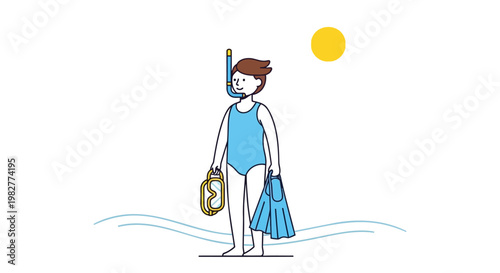 Snorkeling woman, beach vacation, summer fun, swimming gear, illustration