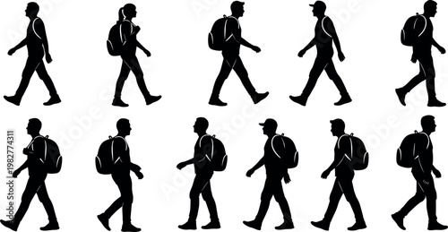Vector illustration of black silhouettes showing young male and female backpackers walking forward representing travel tourism and outdoor hiking adventure