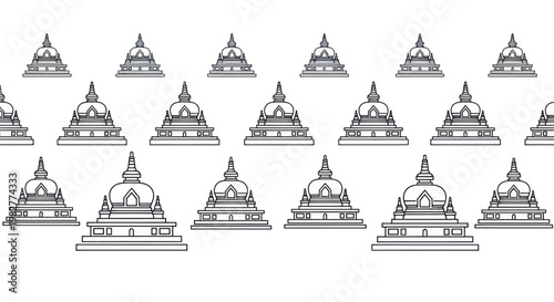 Seamless Pattern of Buddhist Stupas, Temple Architecture, Asian Heritage, Outline Drawing