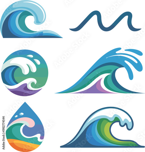 Ocean wave icons set with sea water splash tide surfing and marine nature design elements