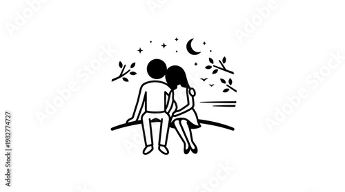 Romantic Couple Silhouetted Under the Stars and Moon