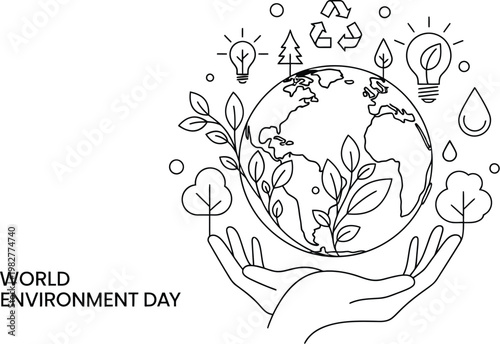 Hands holding a stylized earth globe surrounded by ecological icons representing sustainability and environmental protection for world environment day celebration