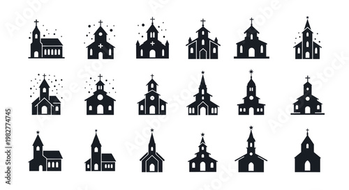 Collection of Church Silhouettes, Religious Buildings, Christian Architecture Icons