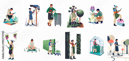 Vector illustration set of gardeners and landscapers using modern power tools and technology for professional plant care, pruning, and garden maintenance tasks.