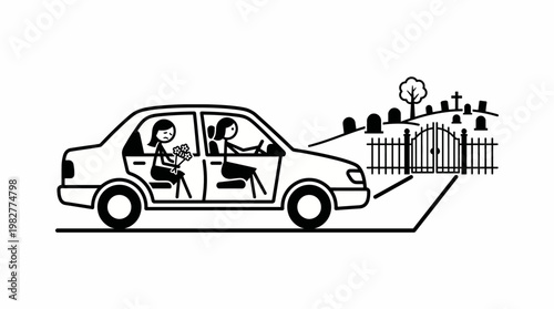 People Arriving at a Cemetery in a Car