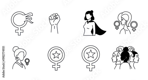 Feminism Icons: Female Symbol, Power Fist, Superhero Woman, Group of Women