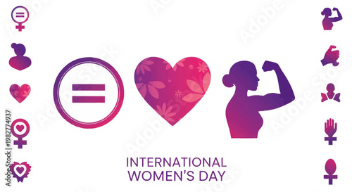 International Women's Day: Equality, Love, Strength Icons Banner