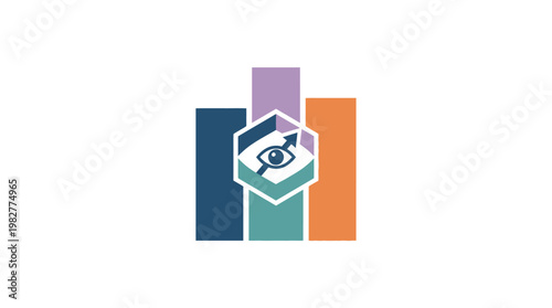 Vector Icon of Eye in Adjustable Hexagon with Colorful Bar Graph Background