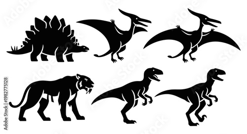 Dinosaur and Prehistoric Animal Silhouettes Vector Set Including Stegosaurus, Pterodactyl, Saber-toothed Tiger