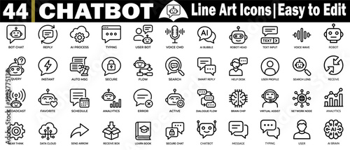 Chatbot line art icons. Collection of Digital assistant communication technology, artificial intelligence support user interface, chatbot conversation icons vector illustration.