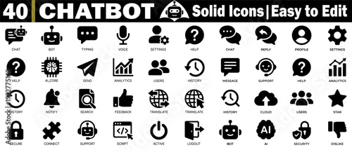 Chatbot icons set. Featuring digital assistant communication technology, artificial intelligence support, and user interface chatbot conversation icons. vector illustration.