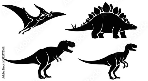Dinosaur Silhouettes Set: Prehistoric Animals Collection - T-Rex, Stegosaurus, Pterodactyl Icons
