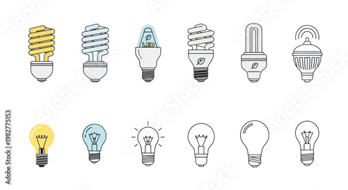 Collection of diverse light bulbs, modern and retro styles, energy saving and incandescent
