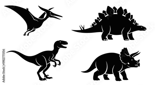 Dinosaur Silhouettes Set: Pterodactyl, Stegosaurus, Velociraptor, and Triceratops Icons
