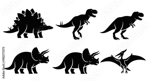 Dinosaur Silhouettes Set: Prehistoric Animal Icons Including T-Rex, Triceratops, Stegosaurus, Pterodactyl