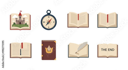 Collection of Books and Navigation Icons: Fantasy, Writing, Storytelling, Adventure